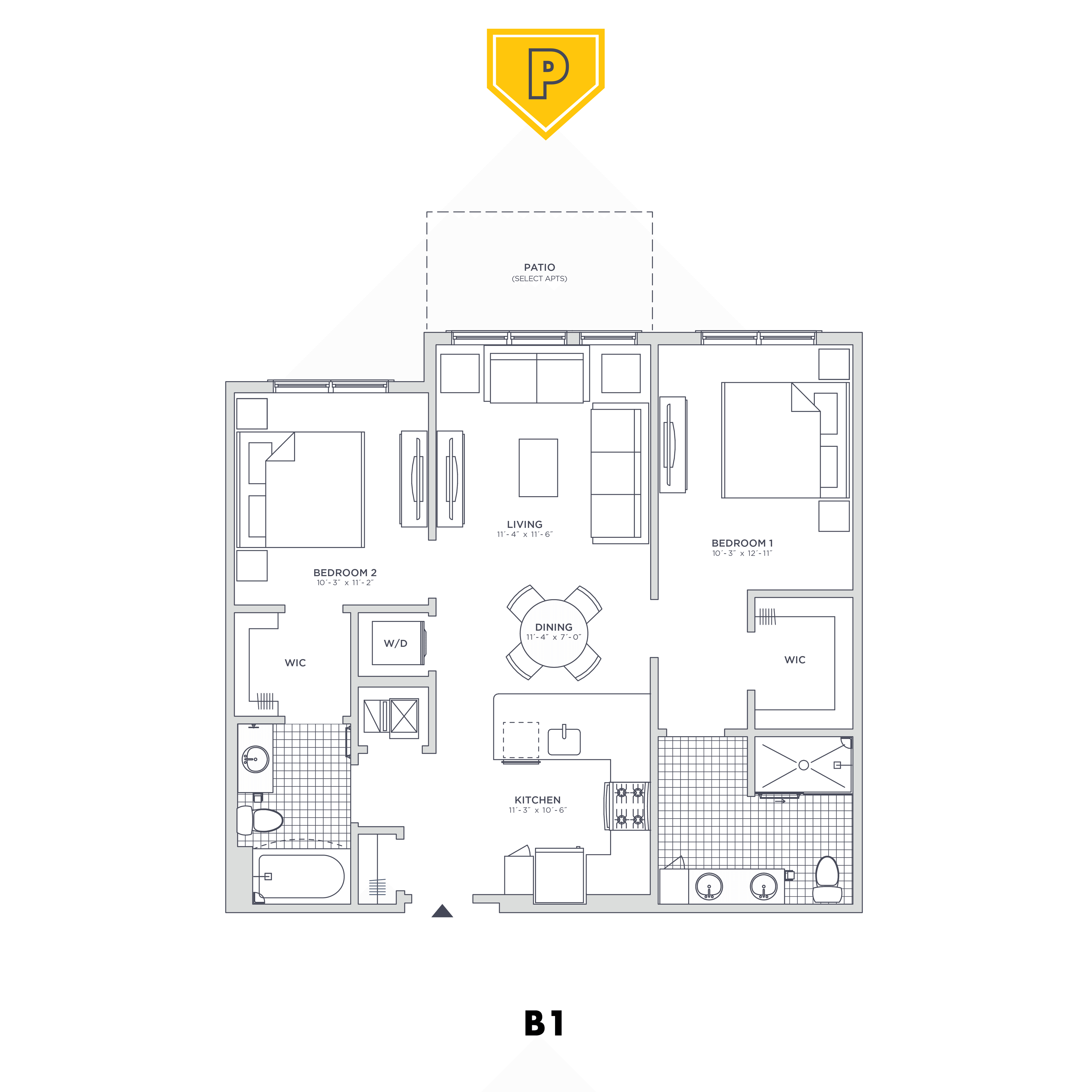 Floor plan for 2 beds, 2 baths, 962 sqft